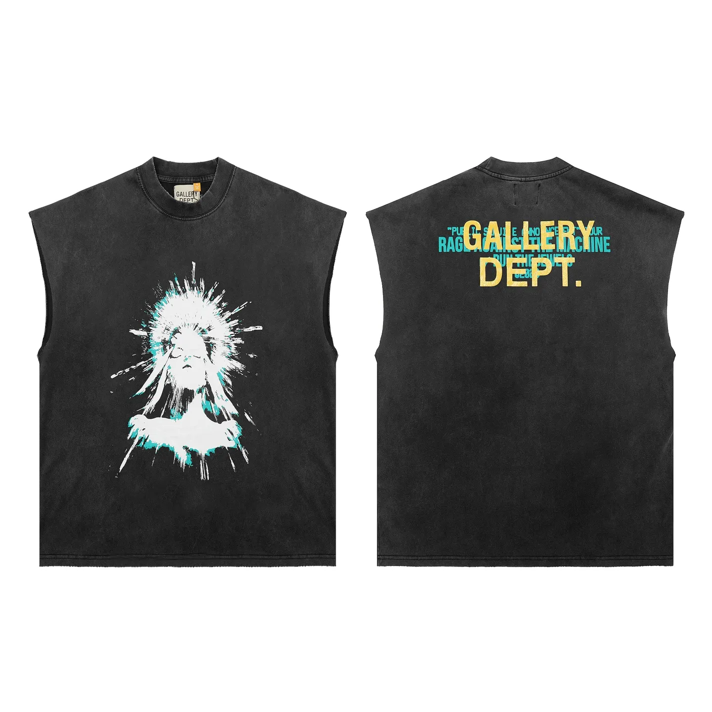pt model number #G1020 P116 GALLERY DEPT. Distressed and frayed sleeveless waistcoat short sleeves. Meditate on the Statue of Liberty. Printed on the front and back. Made of 280G double yarn pure cotton. The fabric is comfortable and stylish. After washing and distressing, the upper body becomes more fashionable and cool. The collar and hem are frayed. The design is full. The US version is too large. Color: washed black. Size S/M/L/XL